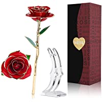 Rosa de Oro 24K-Rosa Eterna Flores Chapadas en Oro con Base Soporte Transparente y Caja de Regalo para el Día de San…
